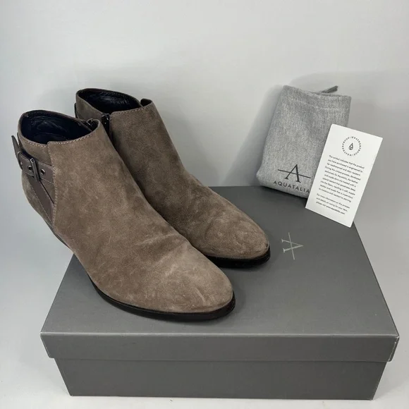 AQUATALIA Made in Italy 🇮🇹 LEATHER Farin Brushed Oil Suede Taupe Booties 8.5M